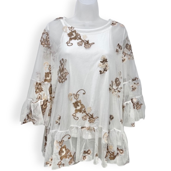 Soft Surroundings Embroidered Mesh Layered Top White Brown Tan Size Small - Picture 1 of 12